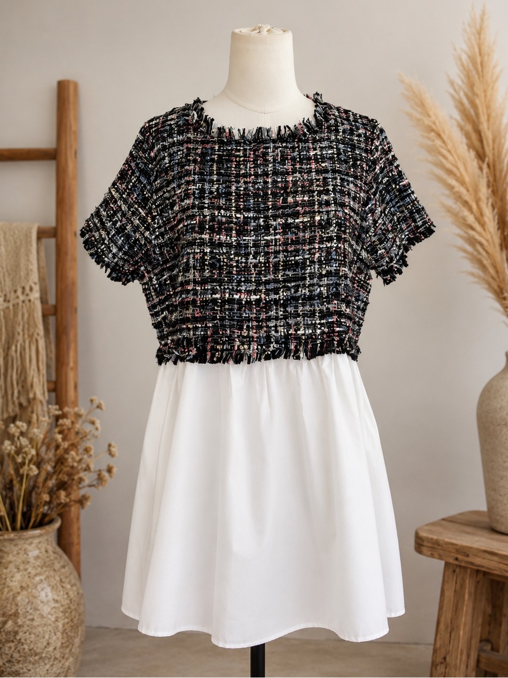 Zara Basic Tweed Peplum Blouse XL Black White Fringe Textured Short Sleeve Top